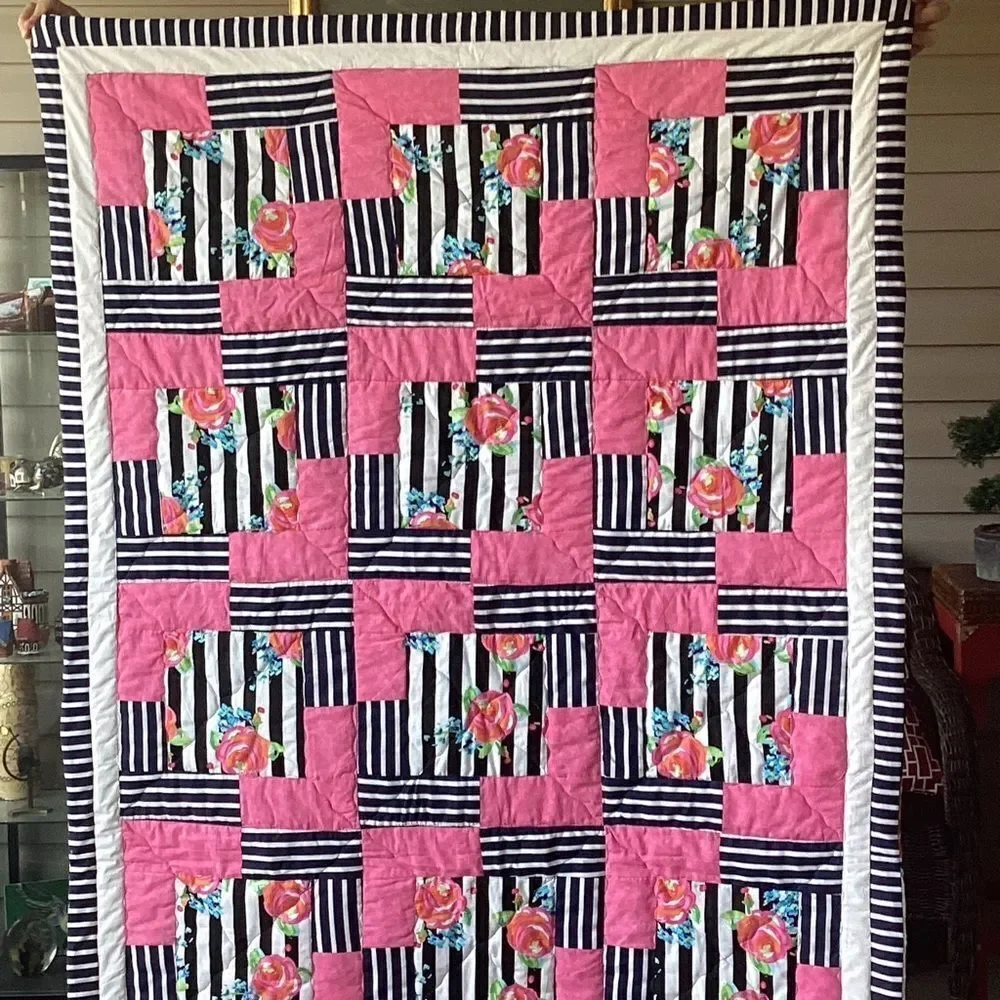 NWT. Hand Crafted Pink and Black Striped With Roses Floral Quilt